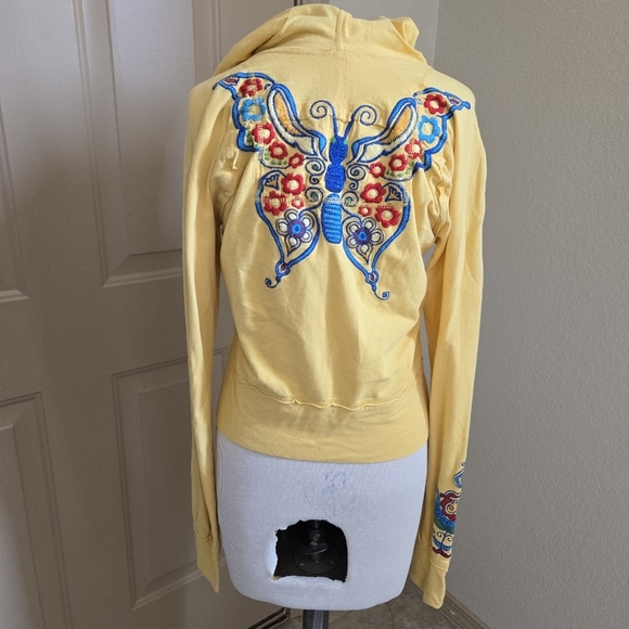 Johnny Was Papillon Bird Butterfly Embroidered Yellow Zip Up Hoodie S Rare - Picture 5 of 13